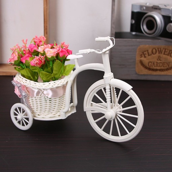 Cykeldekoration Blomkorg, Ny design av trehjuling, Vit plastvas, Blomsterförvaring, Hem, Bröllopsfest, Gör-det-själv dekoration Blomkruka pink