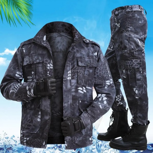 40%HOT2Pcs/ Set Herr Camouflage Sport Outdoor Suit Uniform Herr Uniform Camouflage Sportswear Kamouflage med flera fickor Black 2XL