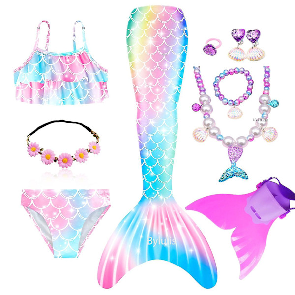 Fantasifulla Barn Mermaid Svansar För Simning För Flickor Halloween Cosplay Kostymer Den Lille Sjöjungfrun Baddräkt Badkläder Pool 120 ( 5-6T) Set2