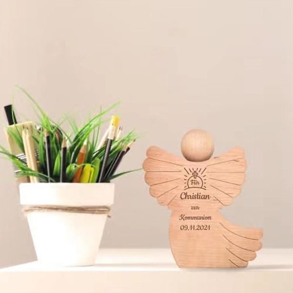 Ängelfigur för Kommunion, Skyddsängel med Gravyr, Träängel Dekorativ Figur, Kommunionsgåvor