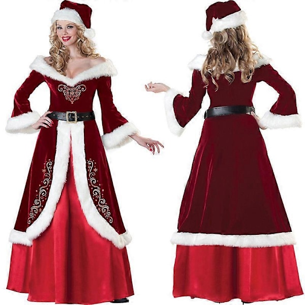 Deluxe Fløjlsdame Santa Claus Julekostume - Lang Kjole Red XXL