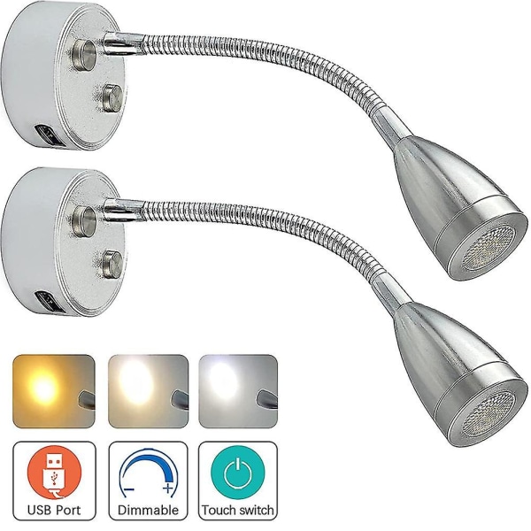 12v-24v led läsljus, Rv dimbar läslampa med USB laddare, för husbilsresor Lastbil Trailer Rv sänglampa, 2st-svart silver