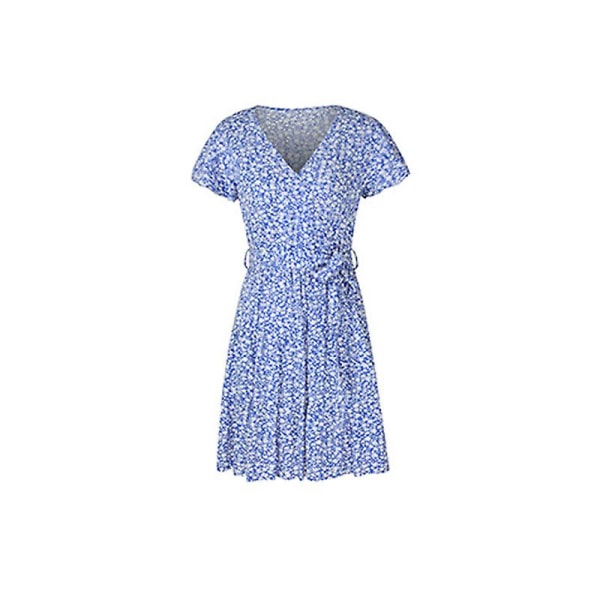 Floral V-hals Minikjole Sexy Wrap Kjole Kvinner Flytende Korte Ermer Sommerkjole Blue M