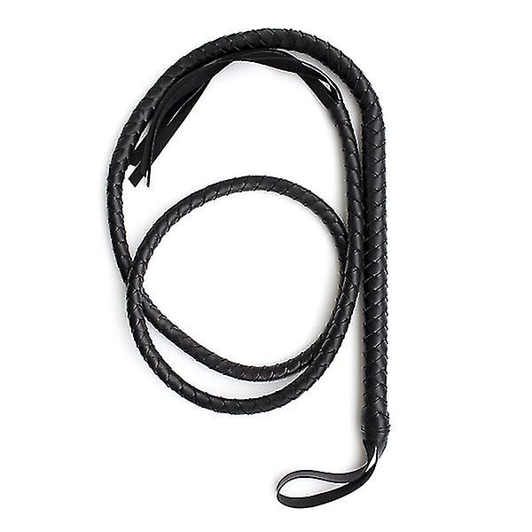 1,9 m Bull Whip i Læder og Svedeskind med Flettet Hale - Ridepisk til Heste (sort) BY