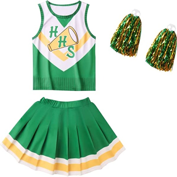 Girls Green Cheerleaders Outfit med Pom Poms 120