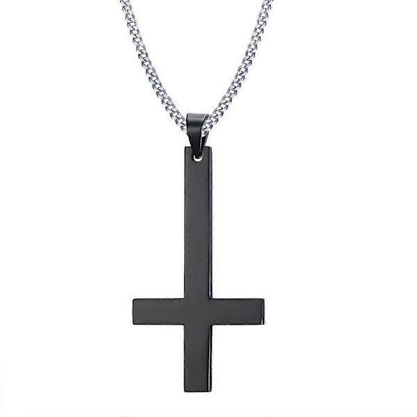 Halsband i rostfritt stål med upp och ner-vänt kors, amulett, överraskningspresent till pojkar och män Black