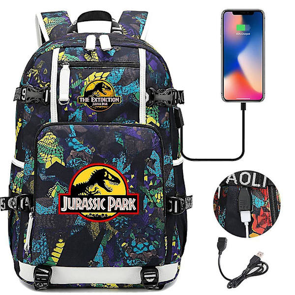 Jurassic Park Dinosaurie USB-laddningsryggsäck för pojkar, flickor, barn - Stora skolväskor med stor kapacitet, tonåringar - Vattentät bärbar dator Reseryggsäck 4