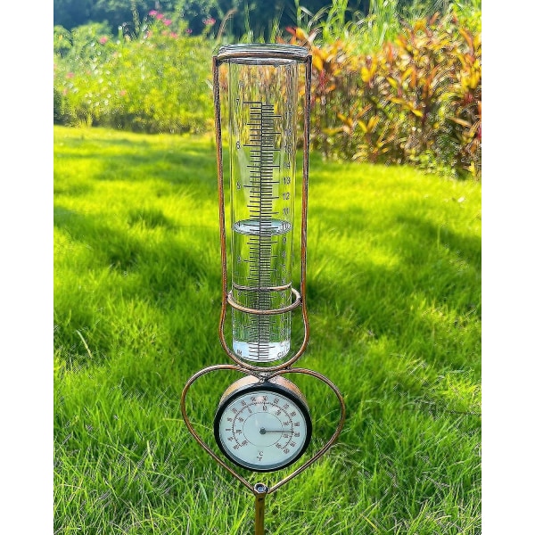 Sobluing Outdoor Rain Gauge With Thermometer, Large Capacity Heart-shaped Metal Rain Gauges With Stand Decor For Garden, Yard, Lawn, Fence