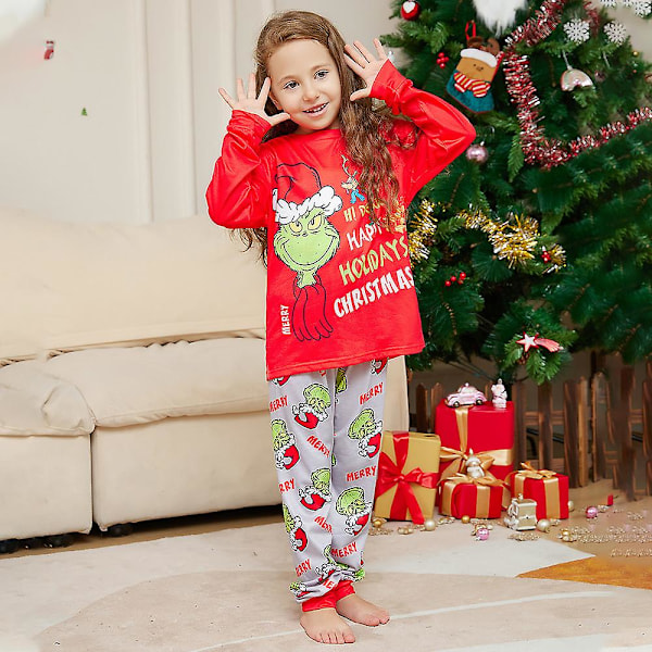 Julepyjamas for barn, spedbarn, familie - matchende pyjamas med Grinch-trykk, julepyjamas for voksne, nattøysett Kids 3-4Y