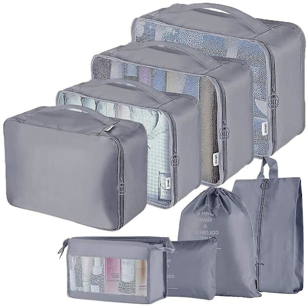 8-pack Organiser Set för Resväskor, Förvaringsväskor, Packningskuber, Resepåsar, Presenter Grey