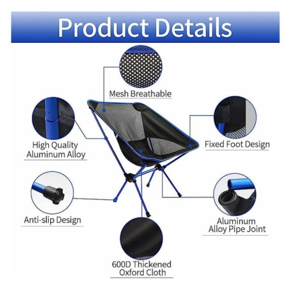 Sammenleggbar campingstol med belastning på ca. 150 kg, svart og blå