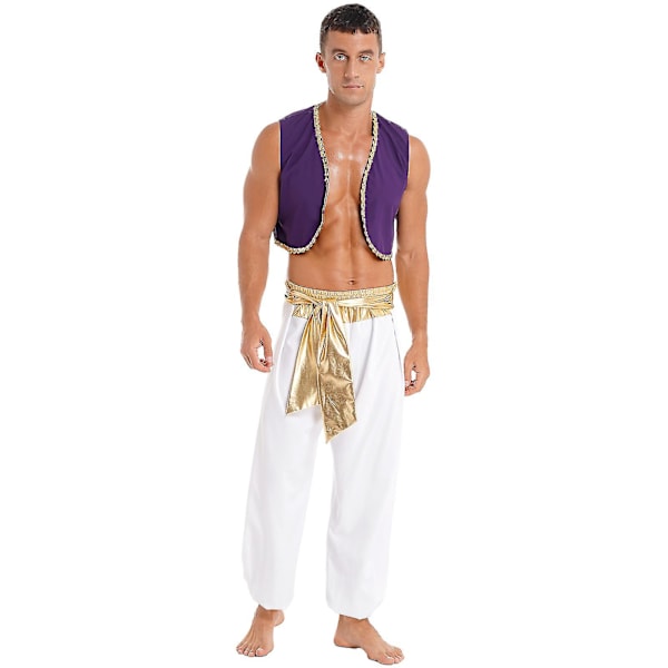 Höstmaskeradkostym för män - Mytisk Prins Aladin Karneval Cosplay Fest Outfit med Sekvensprydd Väst och Bältebyxor Black B XXXL