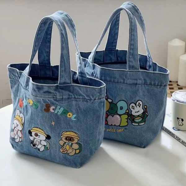 Cartoon Broderi Lunch Bag Söt Stor Kapacitet Tvättat Denim Handväska Mat Förvaring Picknick Påse Utomhus 01