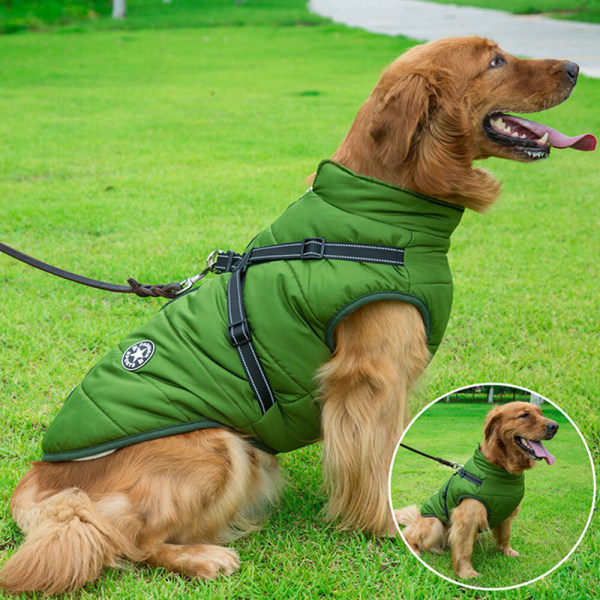 Hundjacka Hundväst med Hundsele Hundar Väst Jacka Vinter Varma Hundkläder S-2XL grön green M