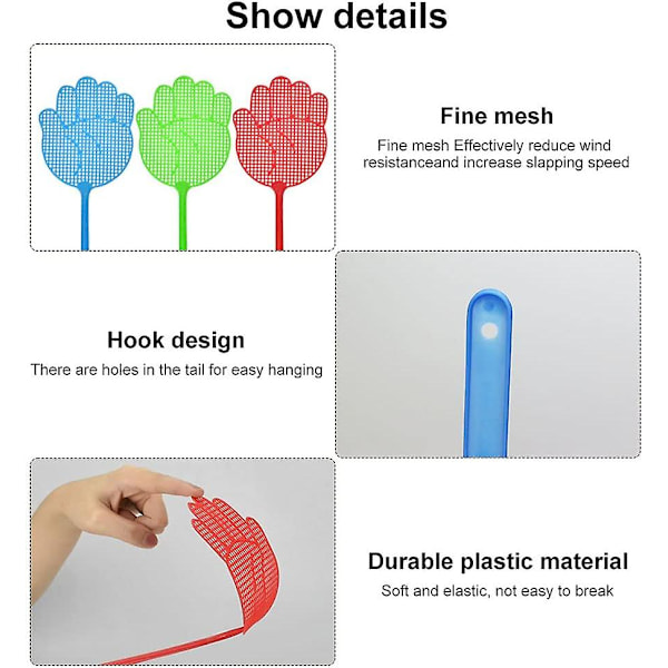 20 stk fluesmekker i plast, 40 cm lang, til å slå fluer, mygg, edderkopper, biller, møll og veps (tilfeldige farger)