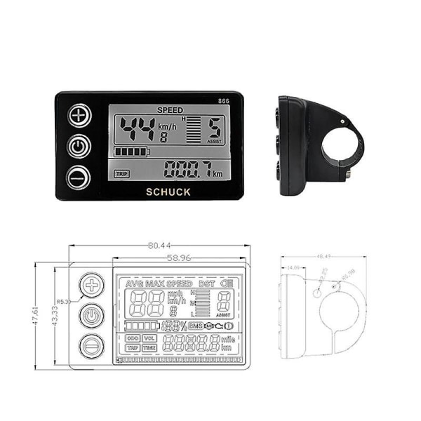 Ebike S866 Lcd-displaymätare Elektrisk cykel 24v 36v 48v Kontrollpanel med vattentät kontakt för Bbs01 Bbs02 [DB] Black
