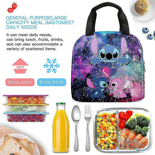 Lilo & Stitch -kuvioinen lasten lounaslaukku, kannettava lämpölaukku käsilaukku kouluun, toimistoon, työhön, piknikille A
