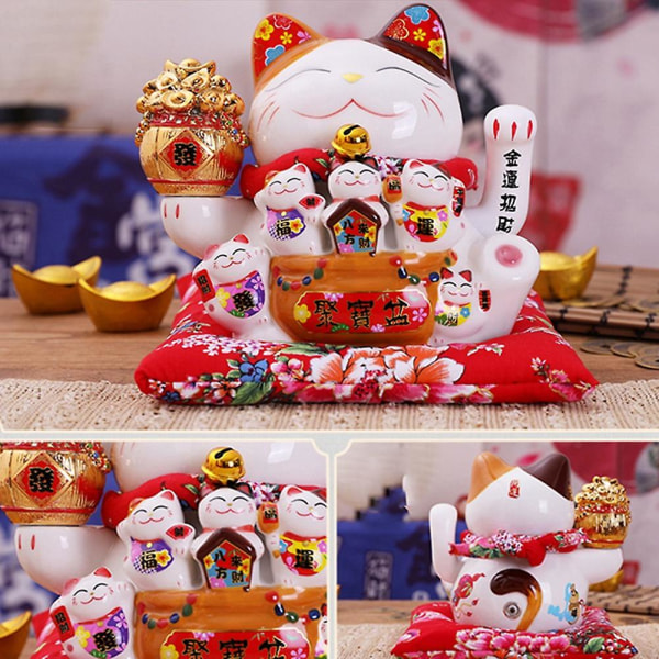 7 tommers keramisk Maneki-katt ornament Feng Shui dekorasjon svingende As Shown