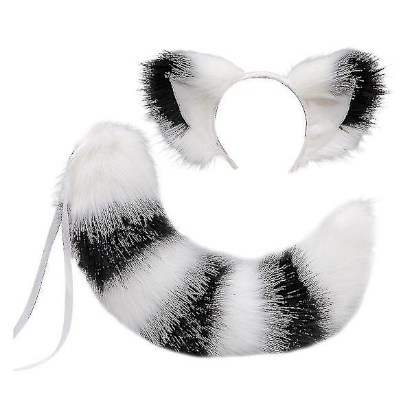 Rävsvans och -öron, katt-varg-tvättbjörnsöron-svansset, djurpäls svans, öron pannband, halloween juldräkt White black