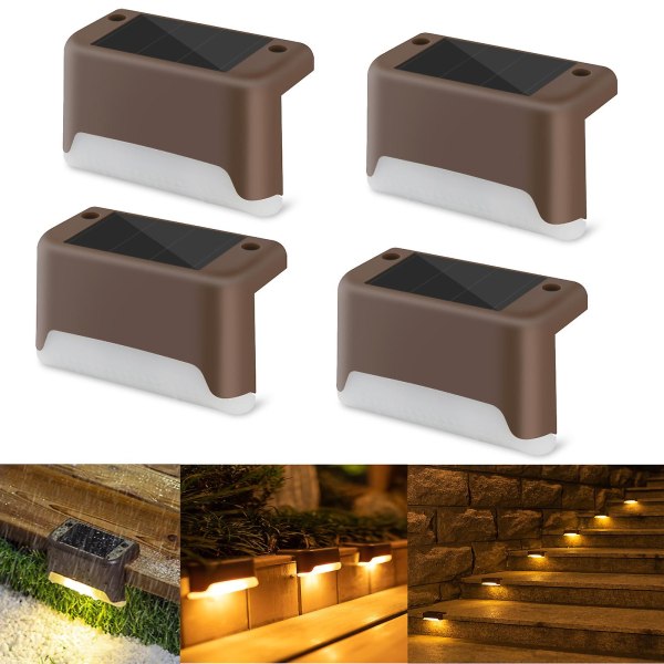 4 stk. solcelledæklys LED soltrinlys vandtætte hegnslys til udendørs trin hegn Brown Warm Light