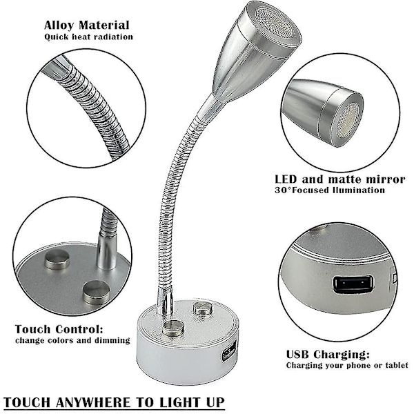 12v-24v LED-leselampe, Rv dimbar leselampe med USB-lader, for bobilreise lastebil tilhenger Rv sengelampe, 2 stk-svart -zz silver