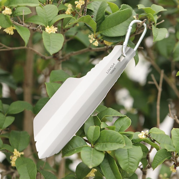 Titaaninen puutarhakauha ulkoilukäyttöön, retkeilyyn, vaellukseen, reppuretkeilyyn, lapio pidikkeellä Shovel with Clip