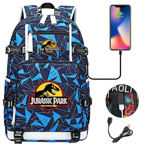 Jurassic Park Dinosaurie USB-laddningsryggsäck för pojkar, flickor, barn - Stora skolväskor med stor kapacitet, tonåringar - Vattentät bärbar dator Reseryggsäck 7