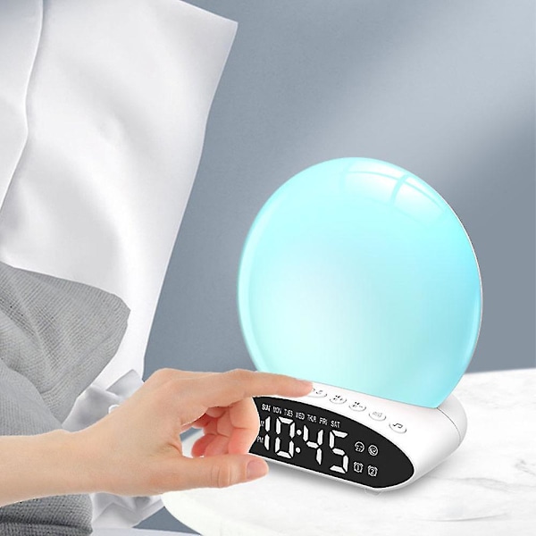 Herätyskello auringonnousun simulaatiolla, raskasunenisille, 7 värillinen univalon kone lapsille ja aikuisille, kaksi herätystä, torkku, FM-radio, yövalo, sänky