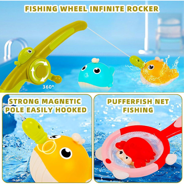 Baby Badelegetøjssæt, Magnetisk LED Lysende Badelegetøj Fiskespil med Fiskestok & Fiskenet, Sansestimulering til Spædbørn & Småbørn, Badekar