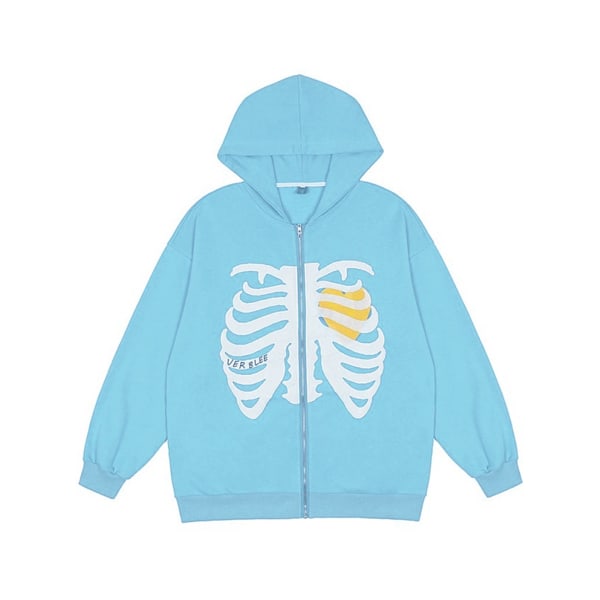 Skulls Print Oversized Jackor Coat Zip Up Hoodies Sweatshirt blue L