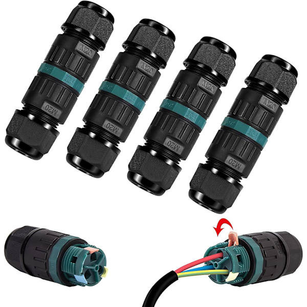 Sæt med 4 IP68 vandtætte elektriske stik - 3-polet vandtæt stik til 5-12 mm kabeldiameter
