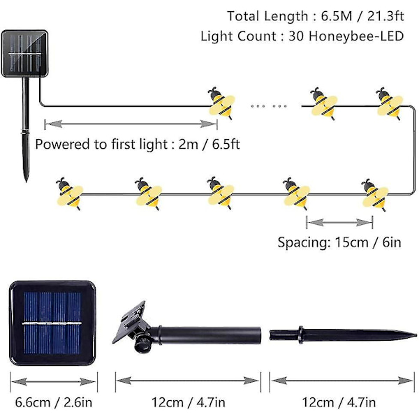 Bi-stränglampor, 6,5 m solcellslampor 30 LED utomhuslampor, vattentäta ljusslingor, humla-bi-form
