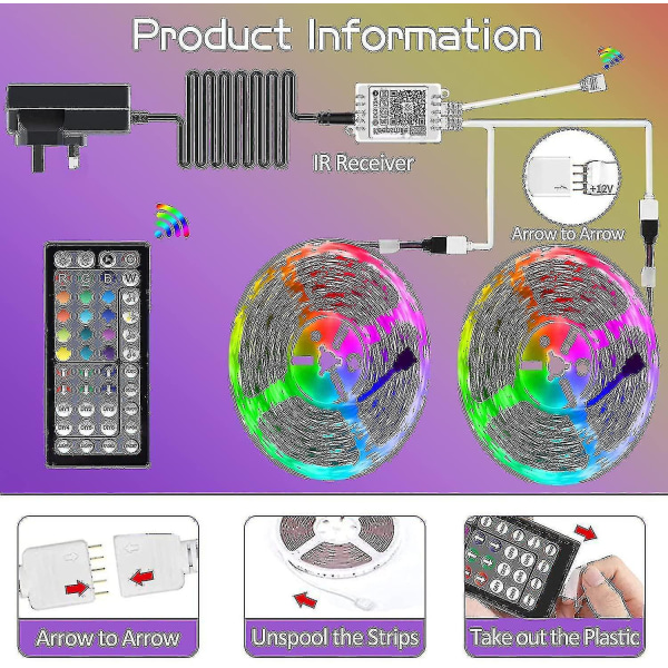 20m LED Lysbånd Bluetooth RGB Lysbånd med 44-tasters Fjernbetjening Musiksynkronisering Farveskiftende LED Stemningsbånd