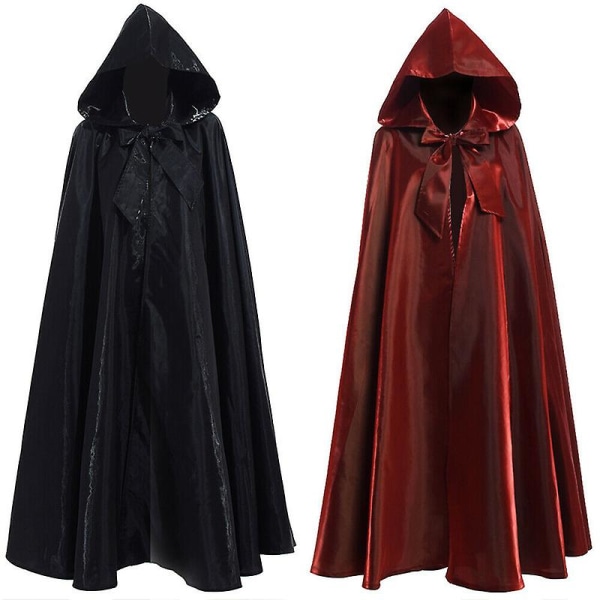 2023 Halloween Fest Cosplay Kvinde Mænd Voksen Lang Helt Heksekunst Kåbe Hætte Kappe Satin Rød Middelalderlig Black 180cm