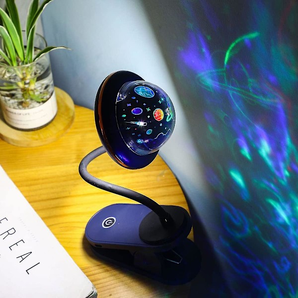 Klipplampa för barn, USB-uppladdningsbar LED-klippläslampa med stjärnprojektion, svanhalslampa för sängbordet, 360 graders beröringsdimning (blå)  (FMY)