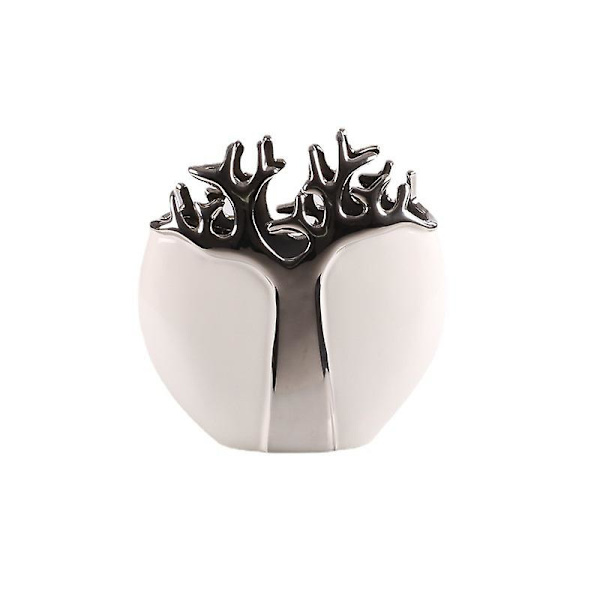 Soikea Keramiikkavasi Metallipuun Kuvioinnilla - Valkoinen/Hopea (21x9 Cm)BY