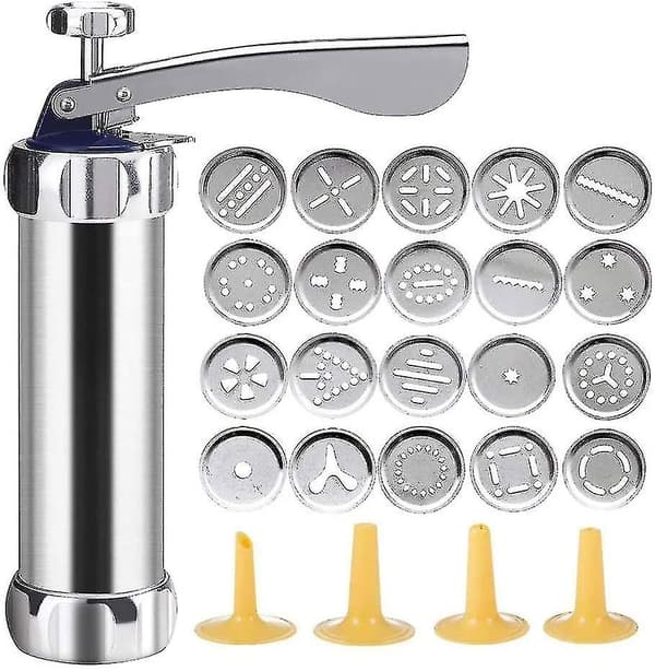 Presset Aluminium Cookie Maker Sæt med 20 Tips og 4 Tynde Dej Sprøjtetips i Rustfrit Stål Sølv