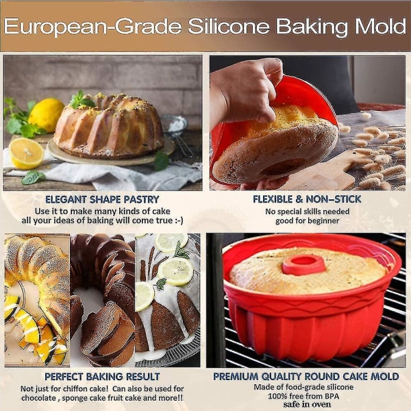 Silikon Bakeformer, Europeisk Kvalitet Riflet Rund Kakeform, Ikke-Klebbende Kakeform for Gele, Bundtkaker, Gelatin, Brød, 9,45 Tommer Rør Bakeware Rød