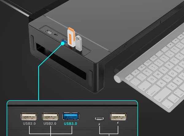 Sammenklappeligt skærmstativ, USB 3.0 computerskærm-hub, skrivebordsstativ med opbevaringsskuffe,