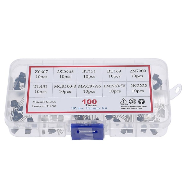 100 stk/æske 10 Typer Triode Thyristor Kit Z0607 2sd965 Bt131 Bt169 2n7000 Tl431 Mcr100-8 Mac97a6 Lm2950-5v 2n2222