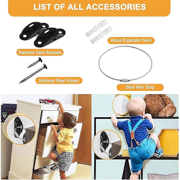 6 stk Møbelankere Sett for Babysikring, Møbelstropper Brukes for å Forhindre Fall og Anti-Velting, Kommode eller Skap til VeggankereBY black 12 pcs
