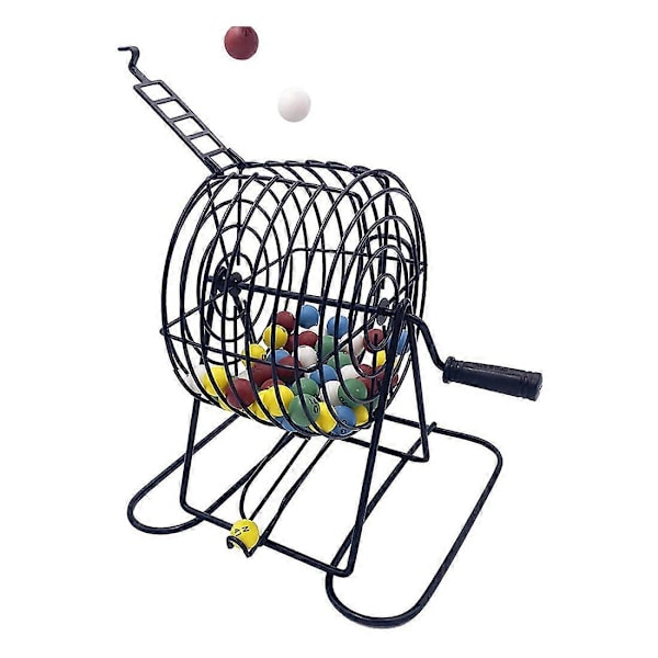 Deluxe Bingo-spelset med 15 cm Bingobur, Bingomästartavla, 75 Färgade Klot, 50 Bingobrickor as shown