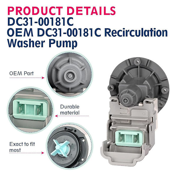 DC31-00181C Vaskemaskine Pumpemotor Udskiftning DC31-00030E,00030J,30008F,DC96-01113G,AP6025315 til Recircula As Shown