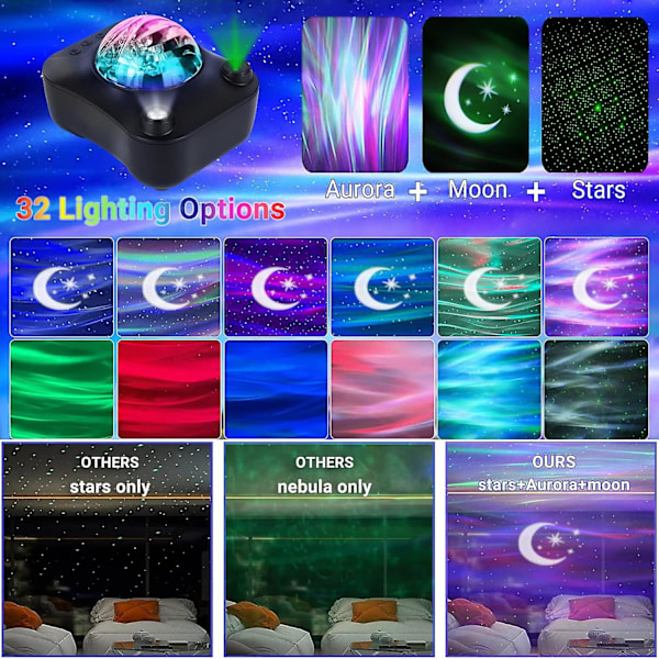 Aurora Star Projector LED Galaxy Night Light med hvit støy, lyd