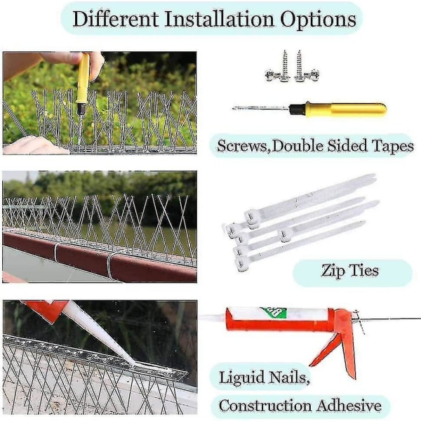 Fågelpiggar för duvor och småfåglar, rostfritt stål - inga fler fågelbon & bajs - demonterade piggar 10 remsor 3,3 meter täckning