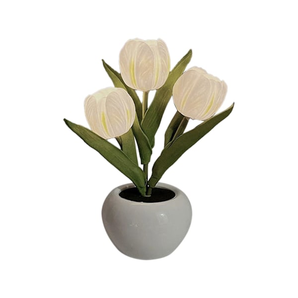 Håndlavet Tulip Natlampe, DIY Hjemmeindretning Simuleringsblomst Soveværelse Bordlampe (3 Blomster) White