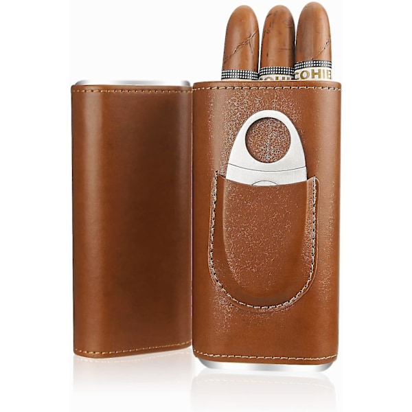 3-Fingers Lädercigarrfodral med Klippare Cedarträfodrad Cigarrhumidifier Bärbar Resecigarrfodral