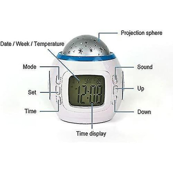 Børnevækkeur, Nattelys Musik Nattelys Vækkeur Med Temperatur Og Datovisning Stjernet Loftprojektor Til Børn, Piger