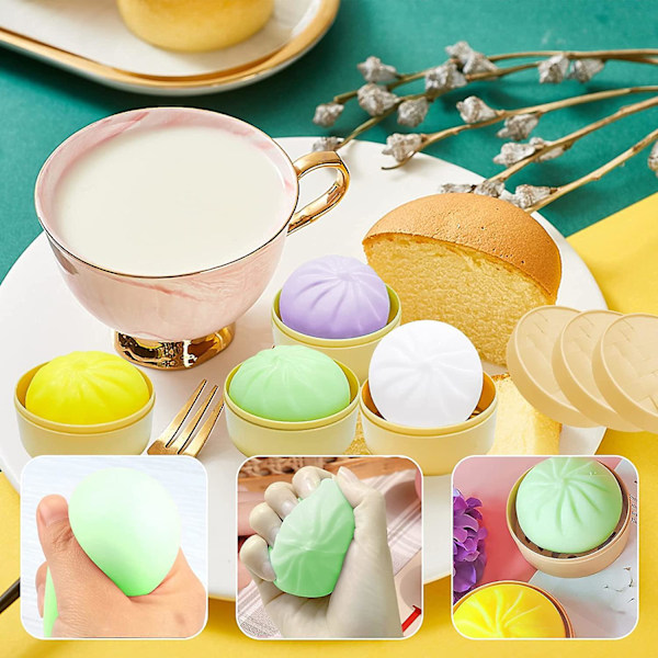 4 stk Mini Dumpling Squishy, Dumpling Stress Ball Fidget Leke Steamed Stuffed Bun Klem Stressavlastende Leke, Deigkuler Squishy Dumpling Fidget Sens