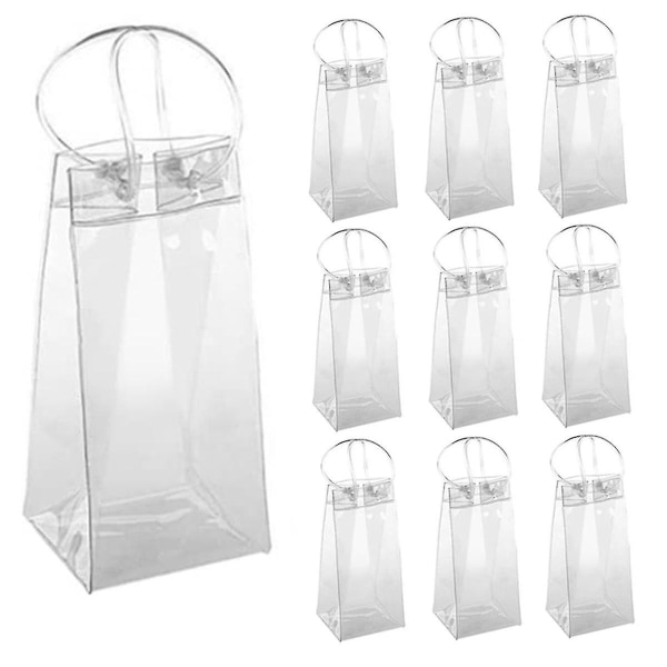 Pack of 10 Wine Cooler Bag Ice Bag Transparent PVC Portable Wine Bottle Cooler Bag Champagne Ice Bag with HandleBY